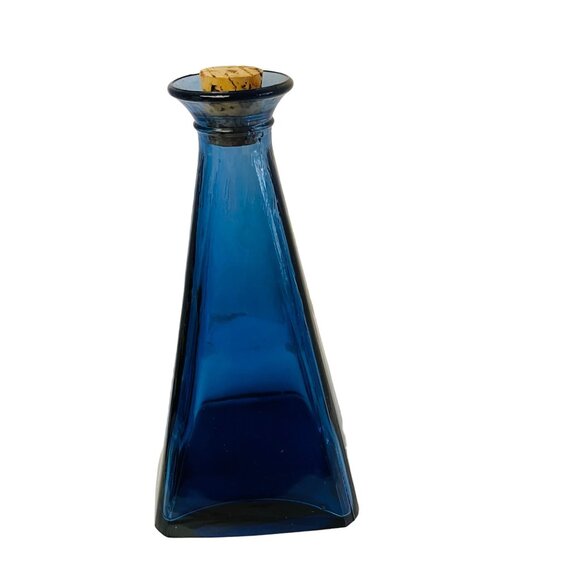 Vintage Blue Glass Pyramid Bottle With Cork Stopper - Picture 1 of 6